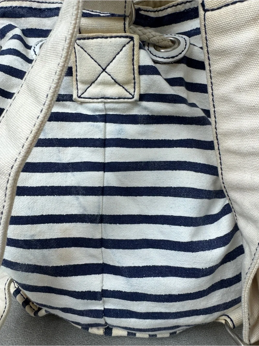 Striped Navy & Cream Rope-Drawstring Canvas Backpack